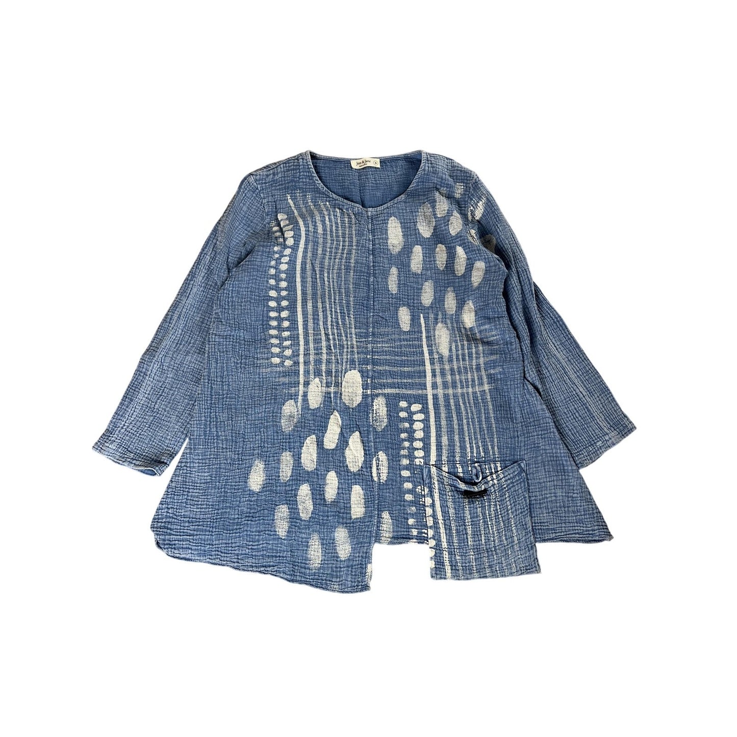 Jess & Jane Blouse Womens S Blue Tunic Geometric Pockets Lightweight Relaxed