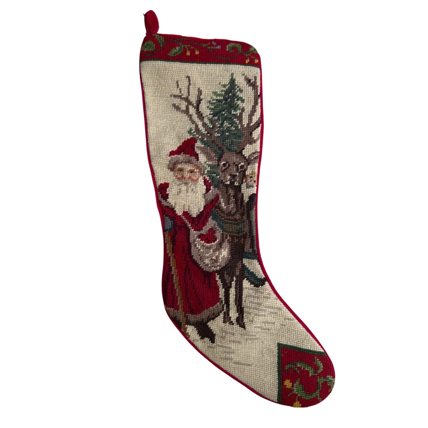 Vintage Wool Needlepoint Christmas Stocking 20” Olde Santa With Reindeer Fully Line