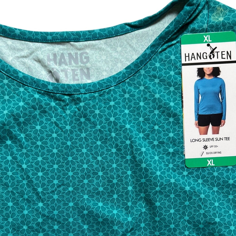 NWT Hang Ten Long Sleeve Sun Tee-Rash Guard-UPF 50+ Quick Dry Pocket Teal XL