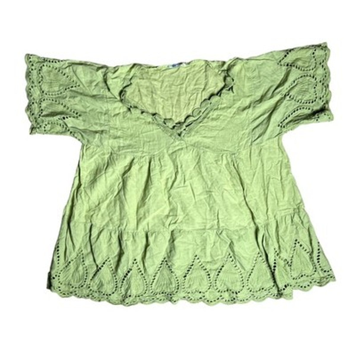 Tunic Womens M Green Linen Crochet Embroidered V-Neck Short Sleeve Lightweight