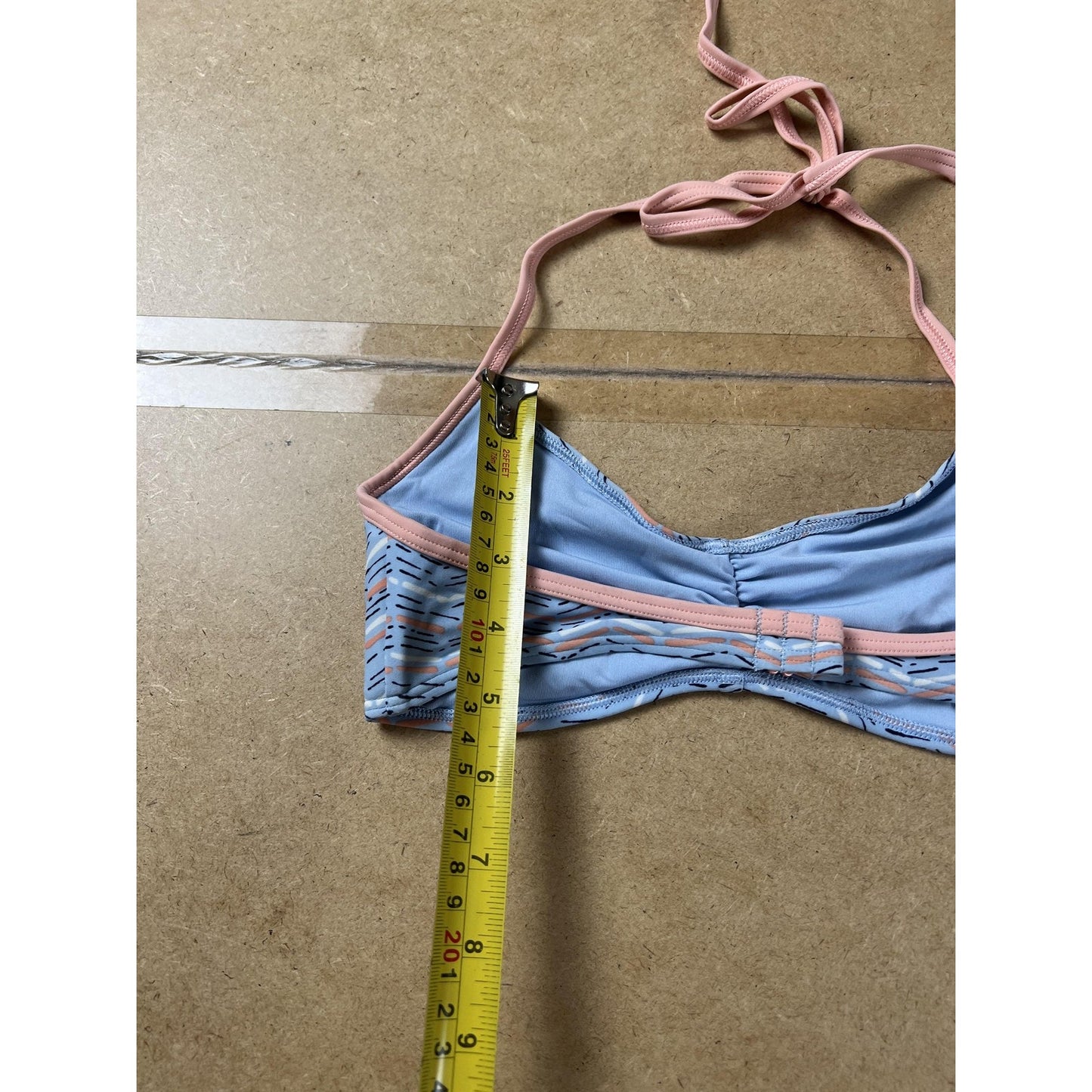Aerie Swim Top Womens S Blue Striped Halter Bikini Lined Adjustable Peach Trim