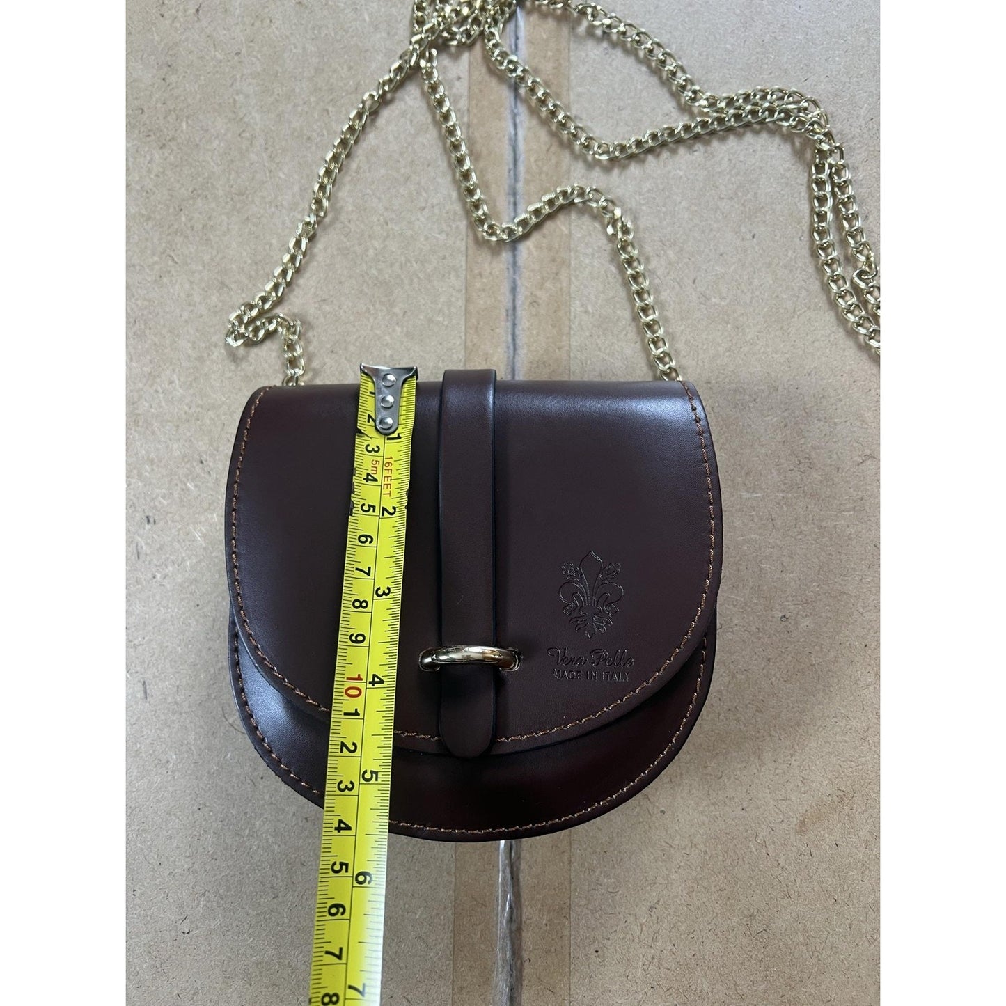 Vera Pelle Crossbody Bag Womens Small Brown Leather Blue Lined Gold Chain Strap