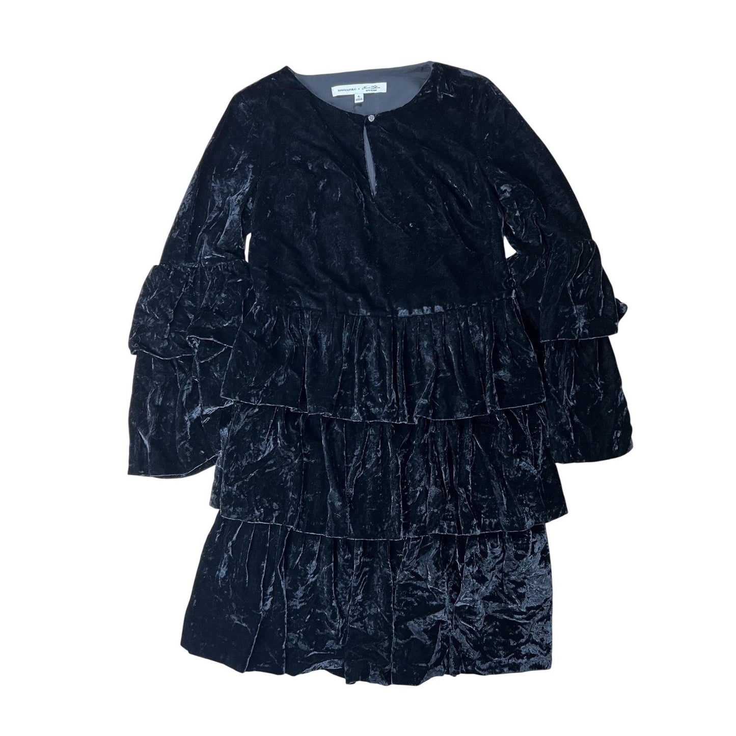 Banana Republic Dress Womens 4 Black Velvet Tiered Ruffle Scoop Neck Long Sleeve