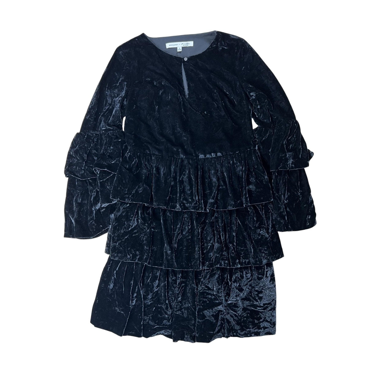 Banana Republic Dress Womens 4 Black Velvet Tiered Ruffle Scoop Neck Long Sleeve