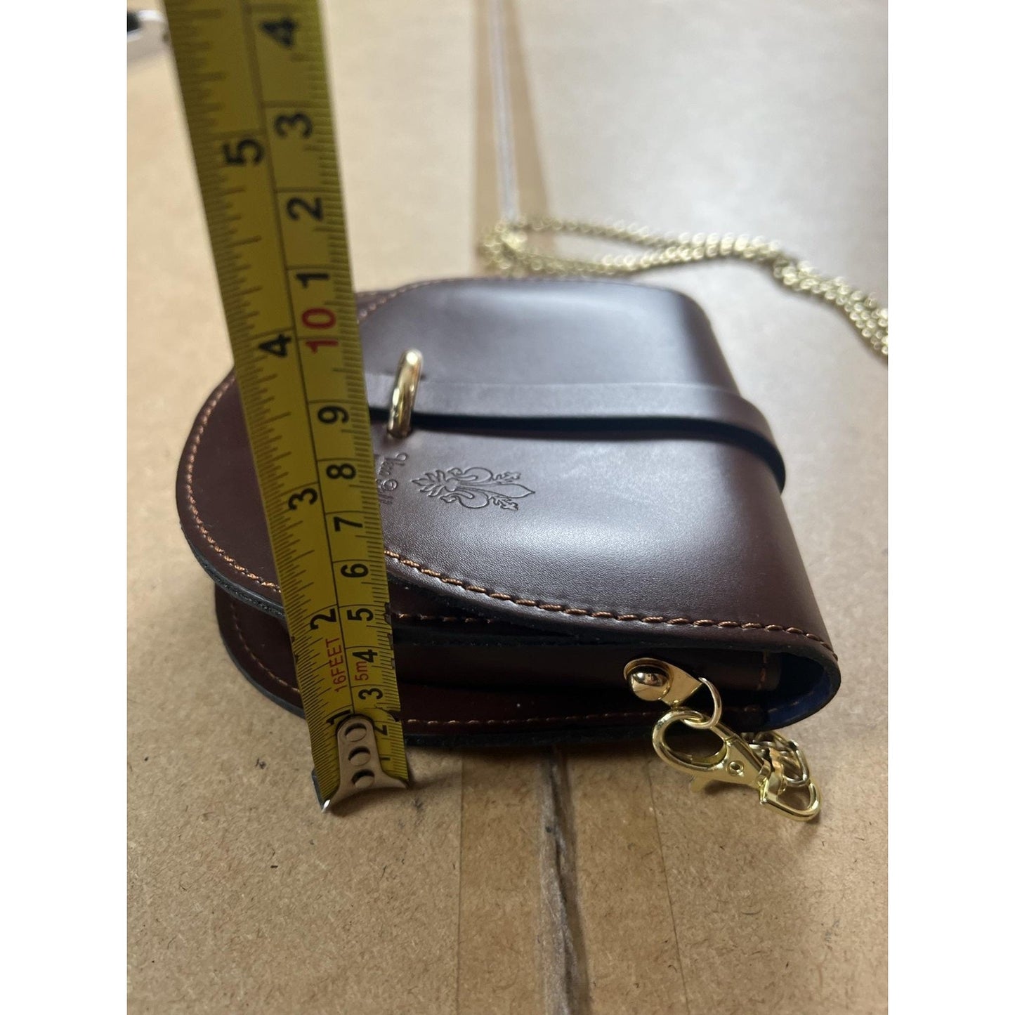 Vera Pelle Crossbody Bag Womens Small Brown Leather Blue Lined Gold Chain Strap