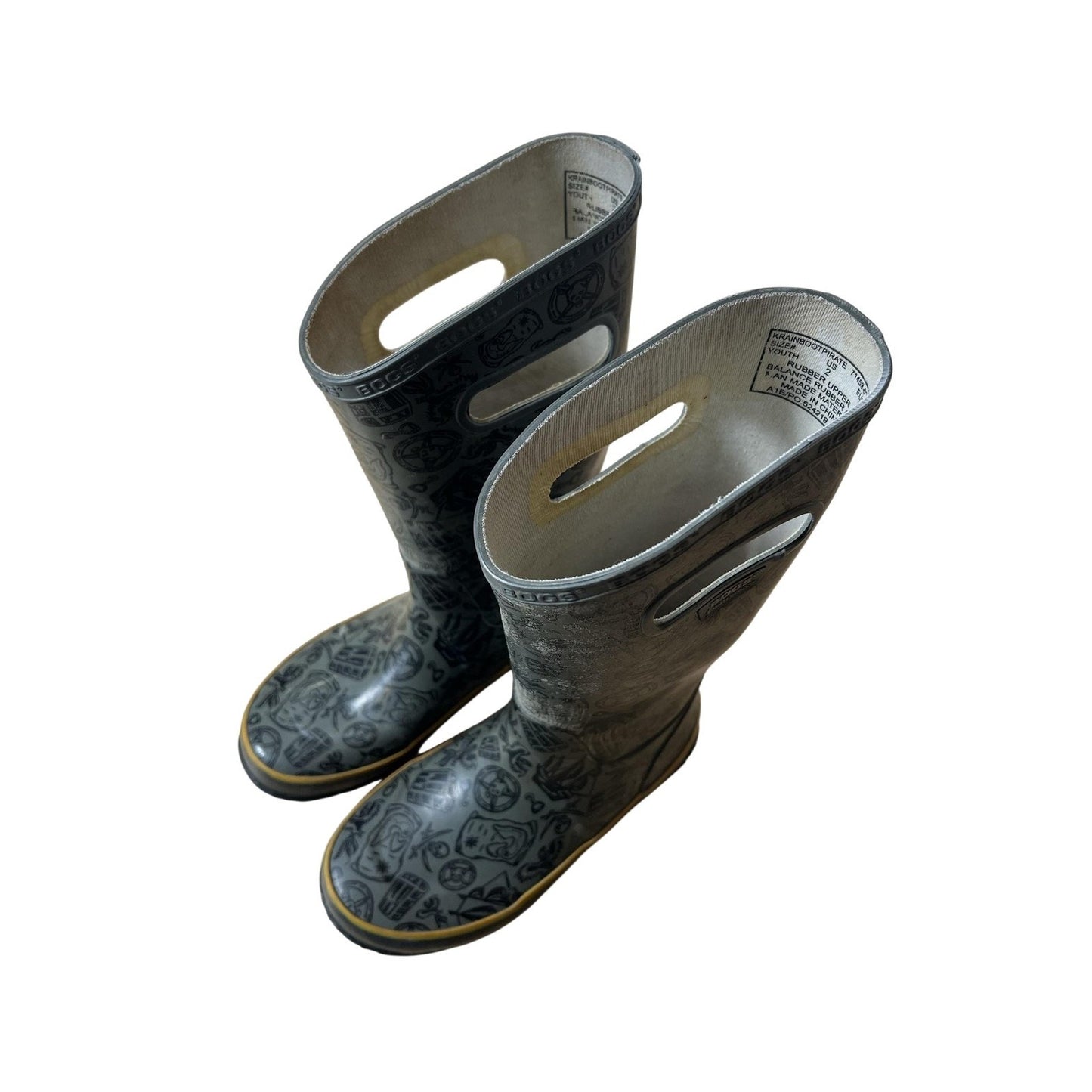 Bogs Shoes Youth Size 2 Gray Rubber Waterproof Pirate Print Rain Boots Pull-On