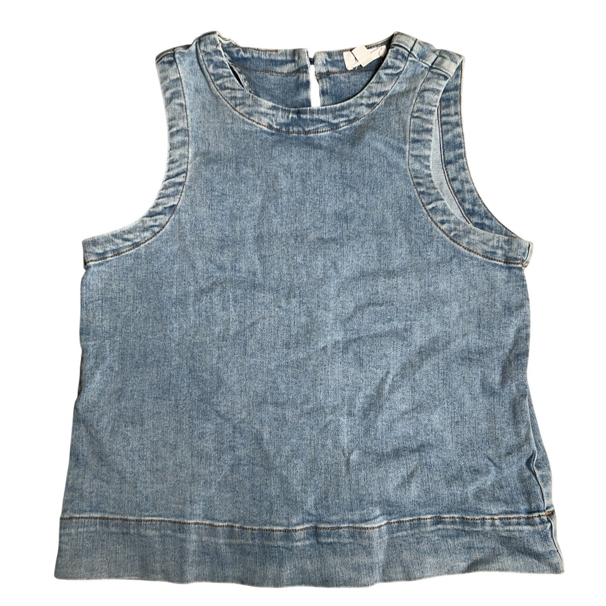 Evereve Tank Womens S Blue Denim Basic Crew Neck Button Stretch Casual