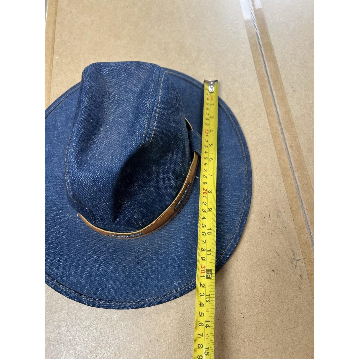 Fedora Hat Womens L Blue Denim Cotton Wide Brim Strap Made USA Spring Summer