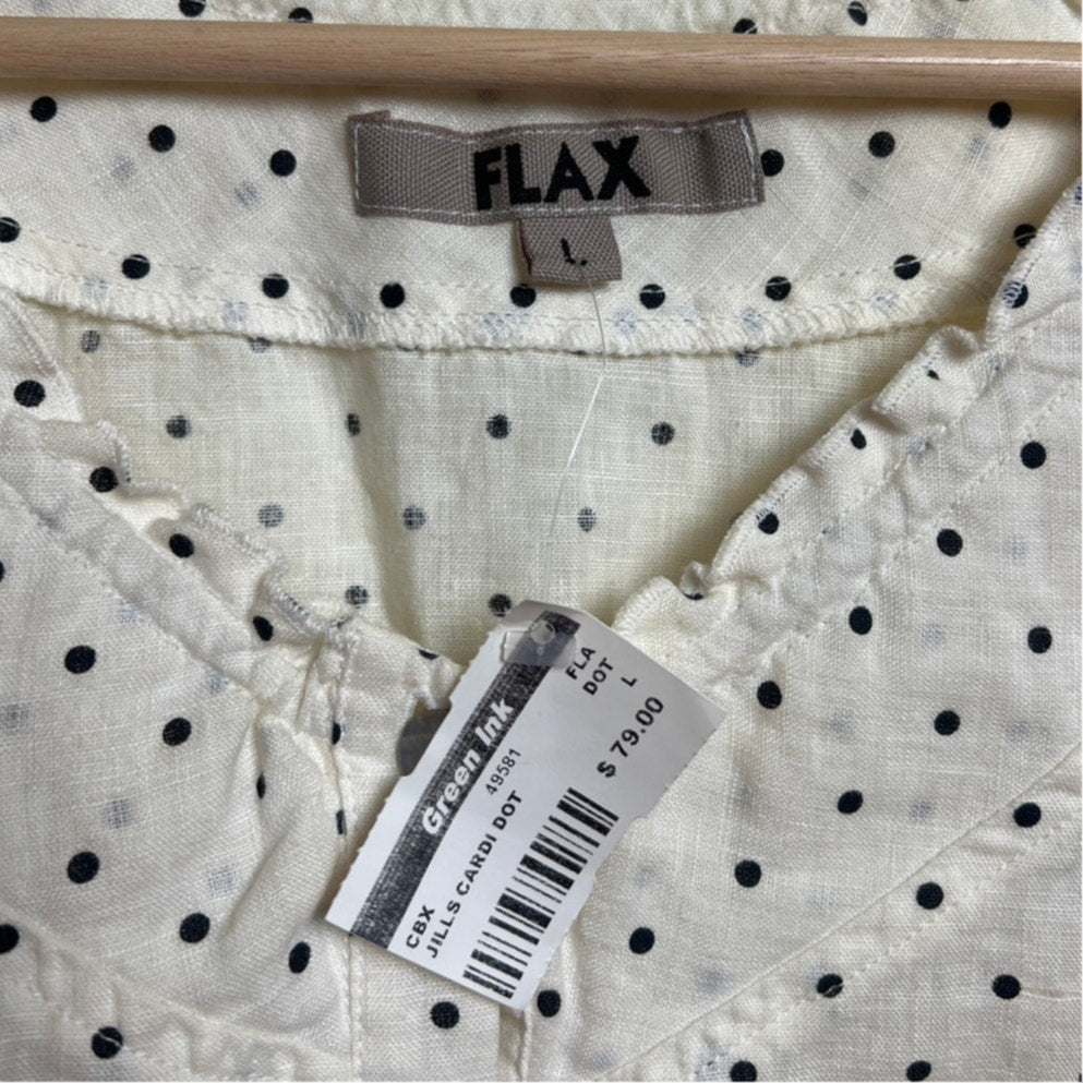 NWT FLAX Blouse Long Sleeve Size Large Cream Black Polka Dots With Slight Stains
