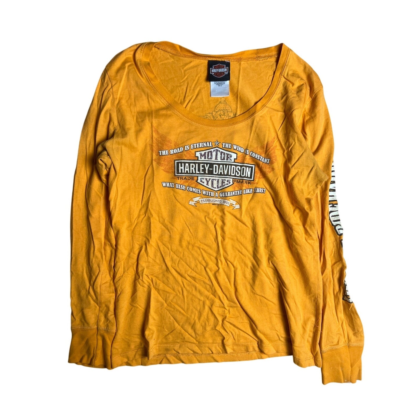 Harley Davidson Women T-Shirt Long Sleeve Yellow Moto Biker Scoop Neck Size M