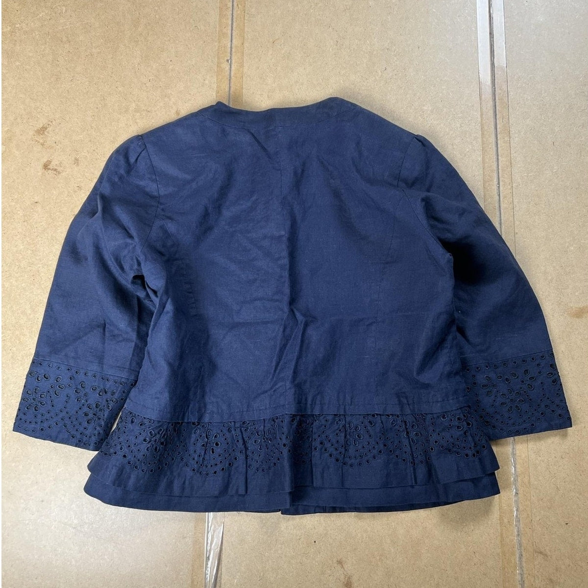 Saint Tropez West Jacket Womens M Blue Linen Collarless Embroidered Ruffle