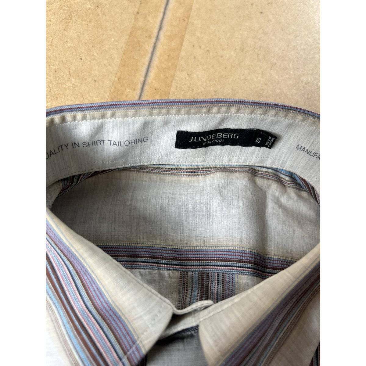 J.Lindeberg Shirt Mens EU 50 Beige Striped Long Sleeve Button Up Collared