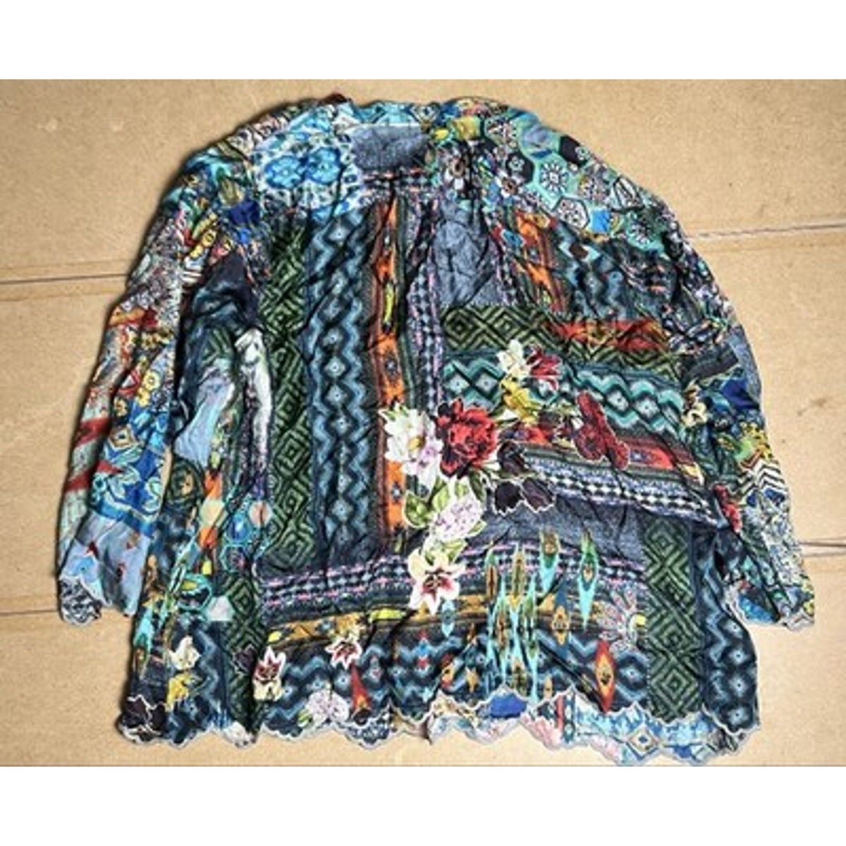 Johnny Was Blouse Womens 1X Multicolor Kimono V-Neck Rayon Zip Sheer Embroidered