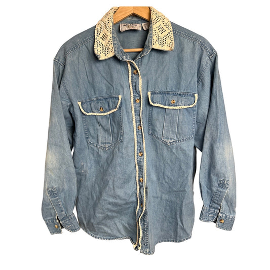 Vintage Just Class Size Medium Crochet Neck Denim Button Up Shirt *Minor Stain