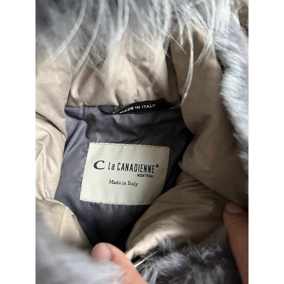 La Canadienne Coat Womens M Beige Puffer Leather Panel Fur Trim Hooded Long