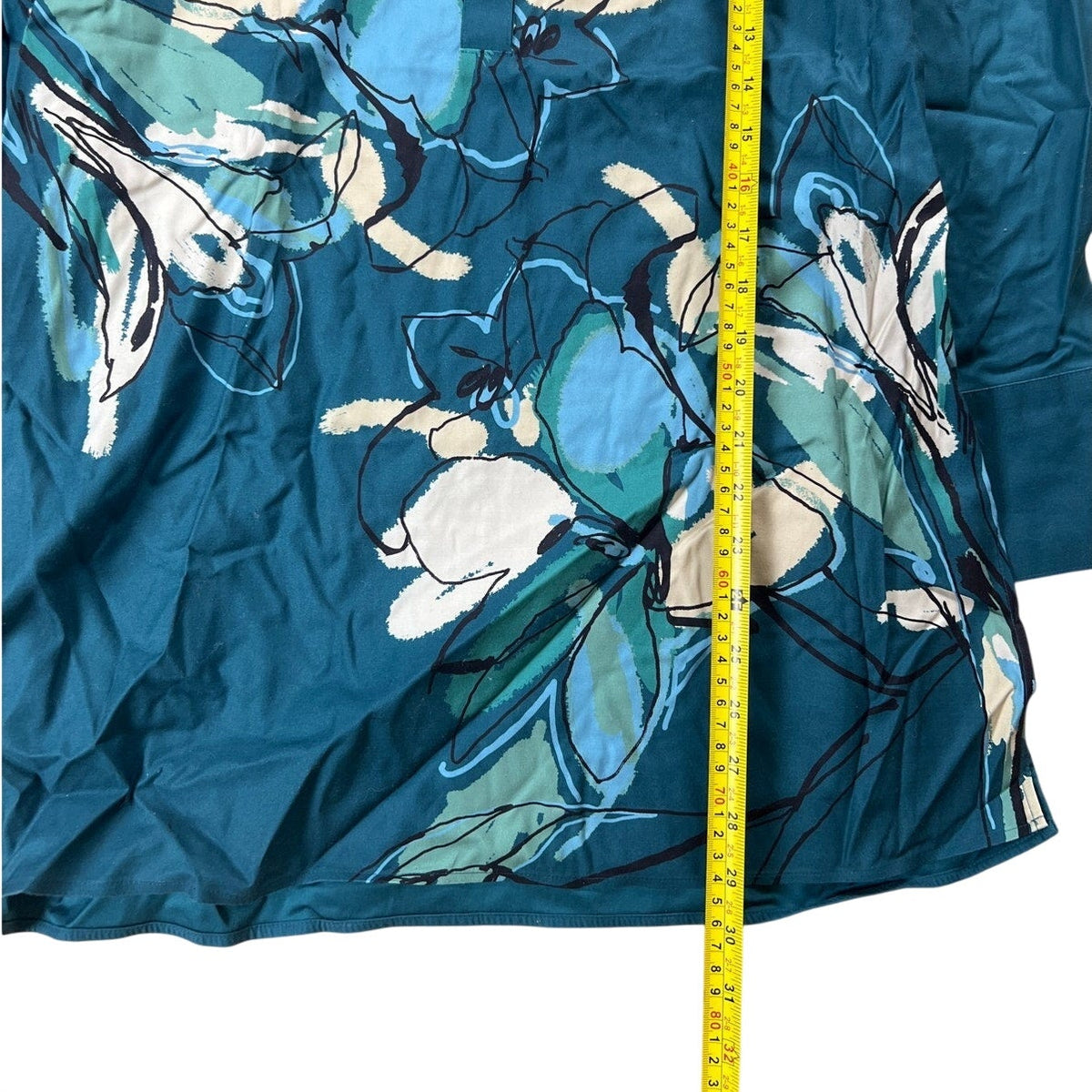 Chicos Size 10 No Iron Stretch Tunic Teal Green Floral Mandarin Long Sleeve