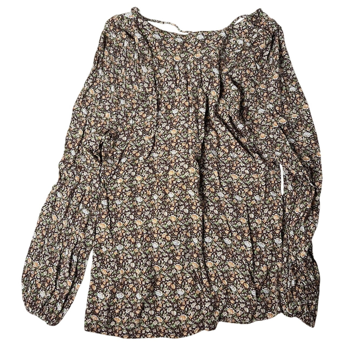 Natural Life Blouse Womens M Brown Tunic Floral Rayon Puff Sleeve Casual