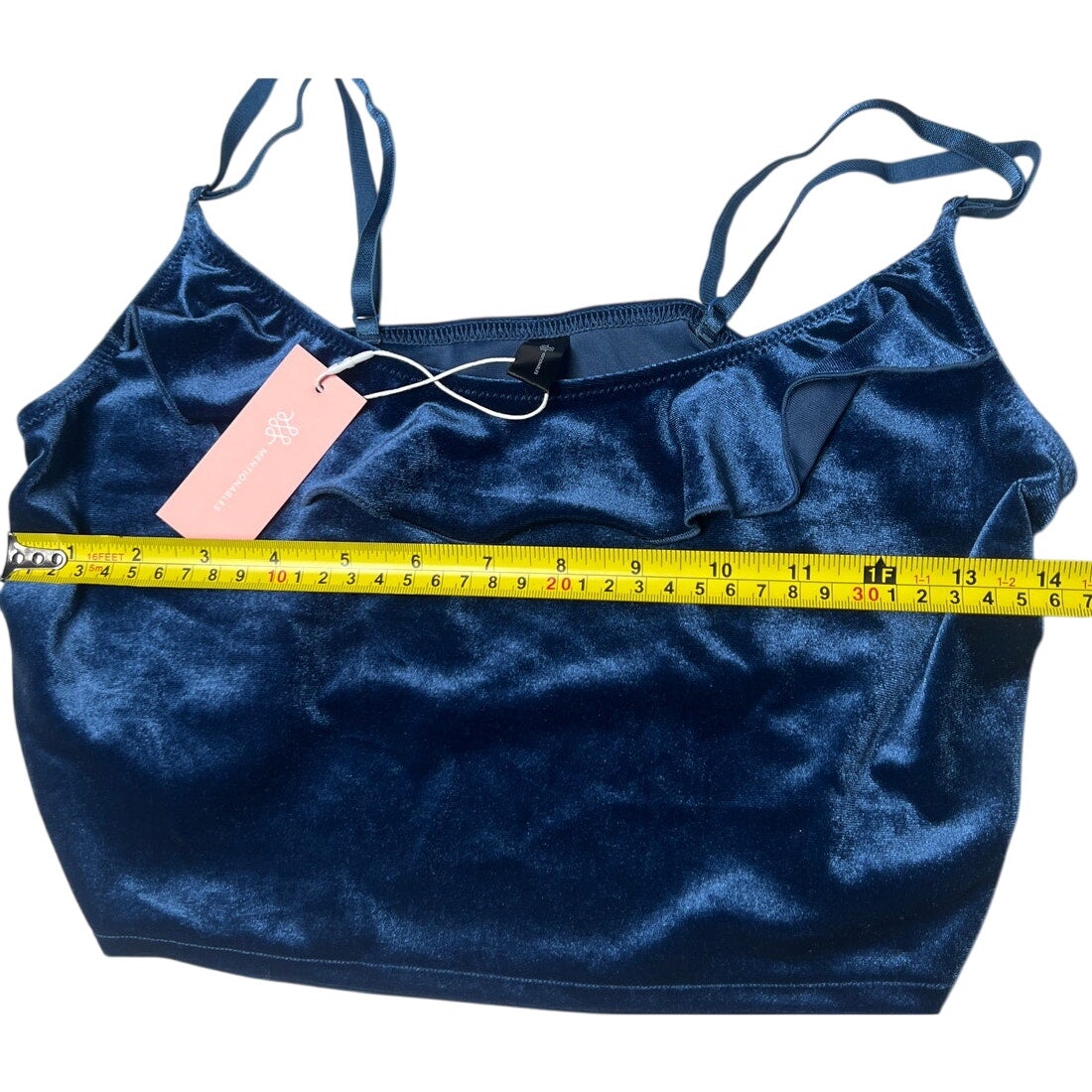 NWT Mentionables Navy Blue Velvet Ruffle Camisole Cropped Top Small S