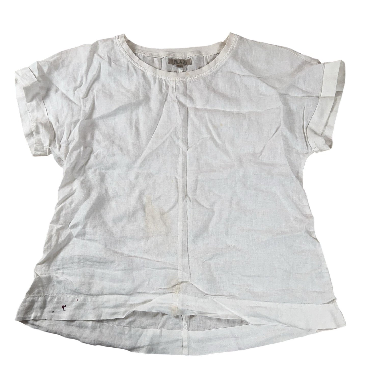 FLAX Tunic Womens L White Linen Cotton Spandex Round Neck Short Sleeve Pleated