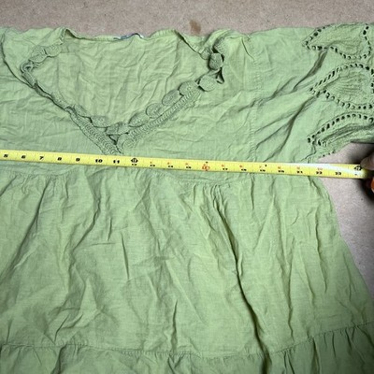 Tunic Womens M Green Linen Crochet Embroidered V-Neck Short Sleeve Lightweight