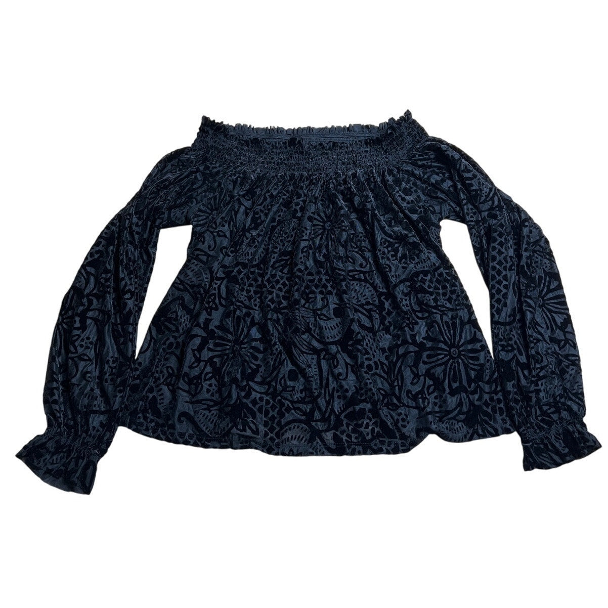 Free People Black Floral Velvet Off the Shoulder Peasant Top Size XS