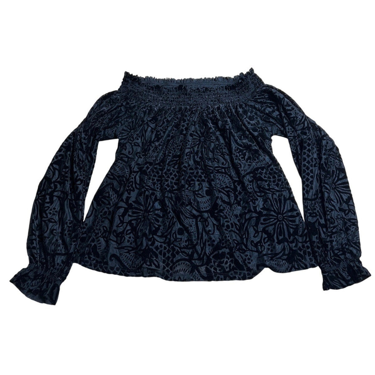 Free People Black Floral Velvet Off the Shoulder Peasant Top Size XS