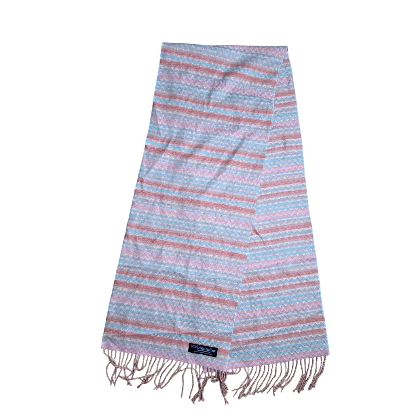 100% Cashmere Scarf Chevron Design Peach Pink Blue Made in England