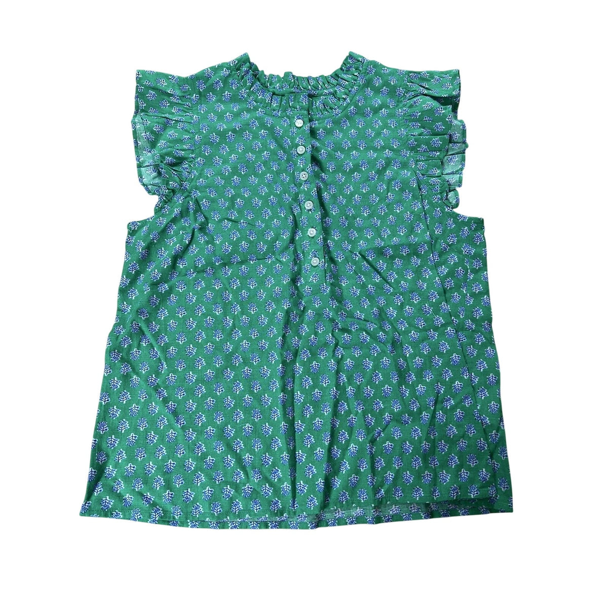 J.CREW Blouse Womens M Green Floral Ruffle Cap Sleeve Button Cotton Casual