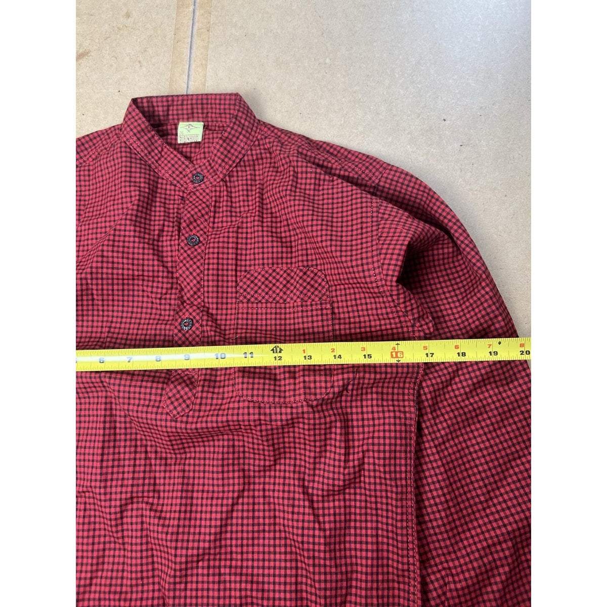 Robinhood Shirt Mens 38 Red Check Flannel Henley Long Sleeve Pockets Button
