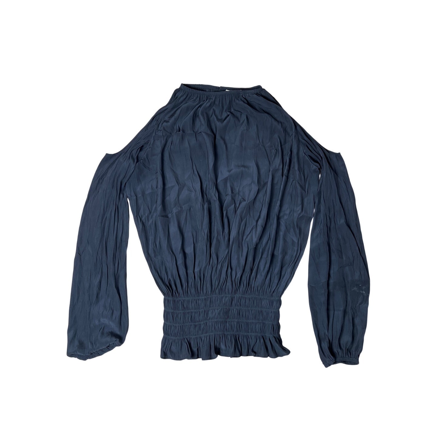 Ramy Brook Lauren Cold Shoulder Smocked Waist Satin Keyhole Blouse Navy Size S