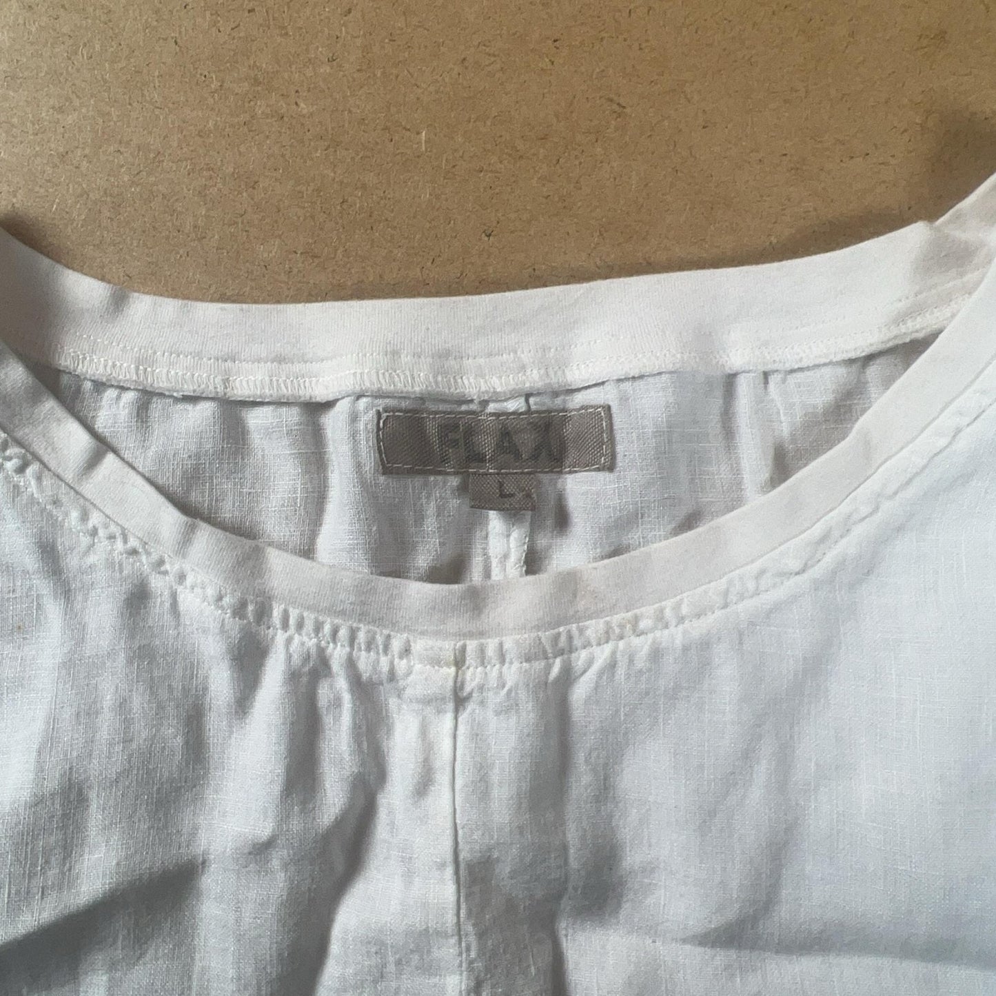 FLAX Tunic Womens L White Linen Cotton Spandex Round Neck Short Sleeve Pleated