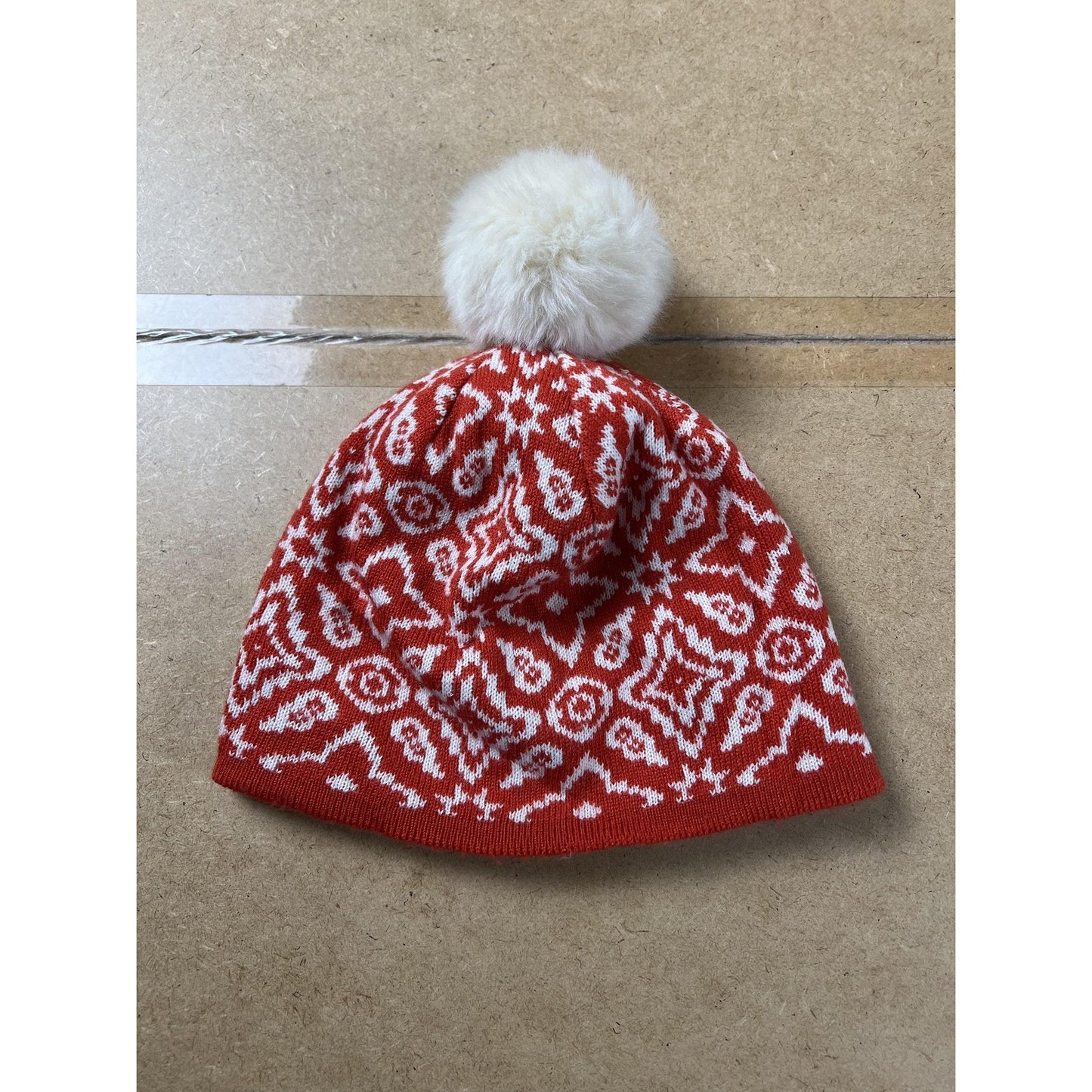 Vera Bradley Beanie Womens One Size Red Lined Faux Fur Pom Pom Geometric Knit