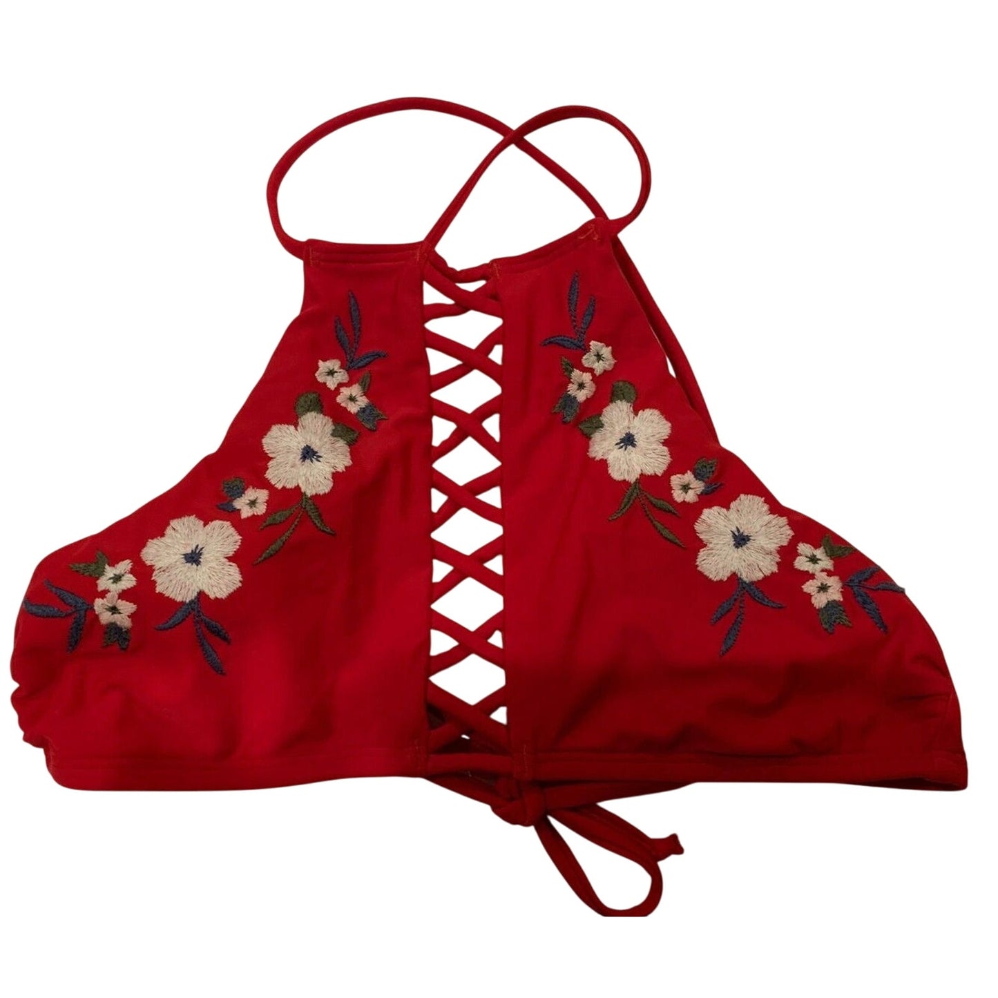 Hollister Strappy Racer Back High-Neck Crop Tank Bikini Top Floral Red XS - EUC