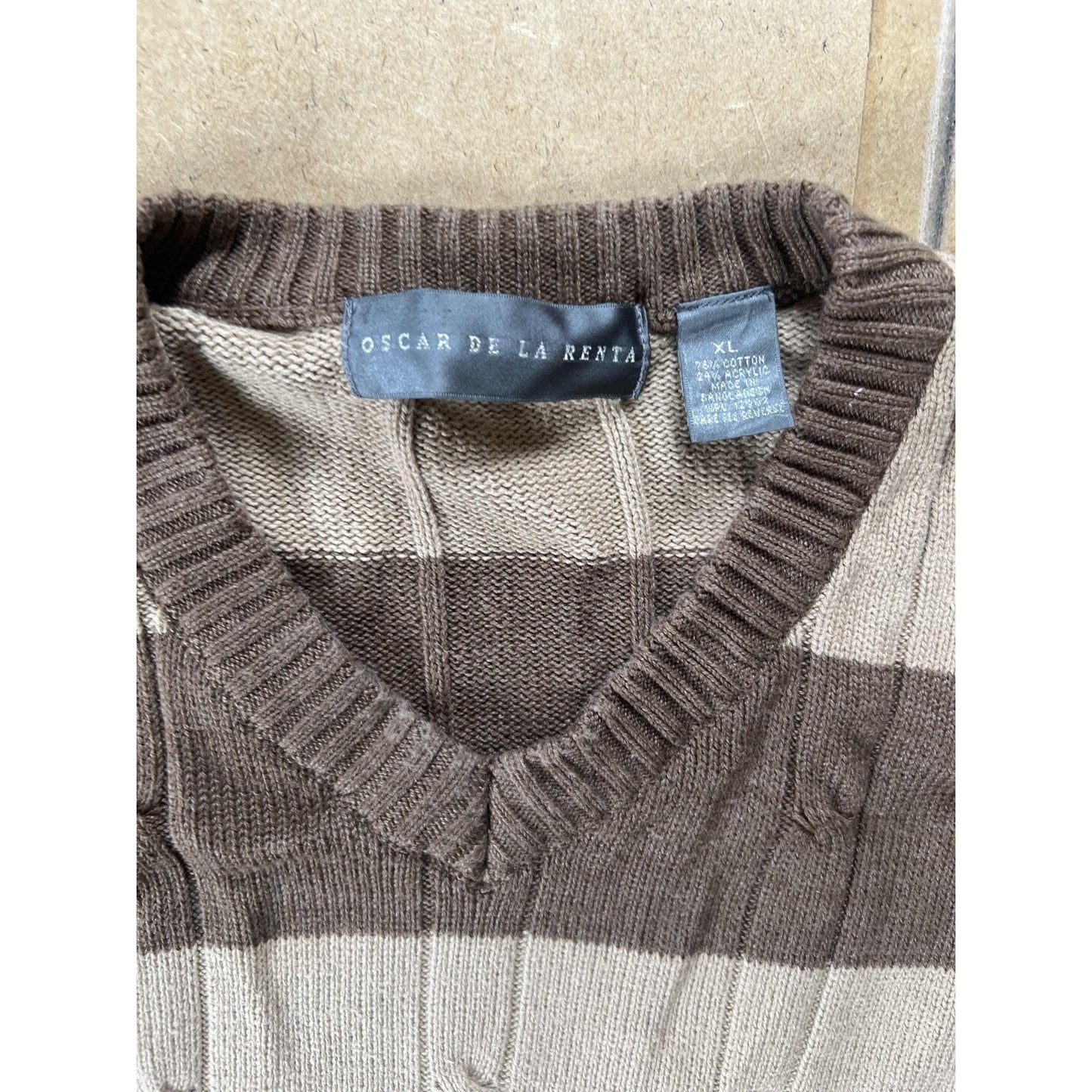 Oscar De La Renta Sweater Mens XL Brown Striped V-Neck Pullover Cotton Knit