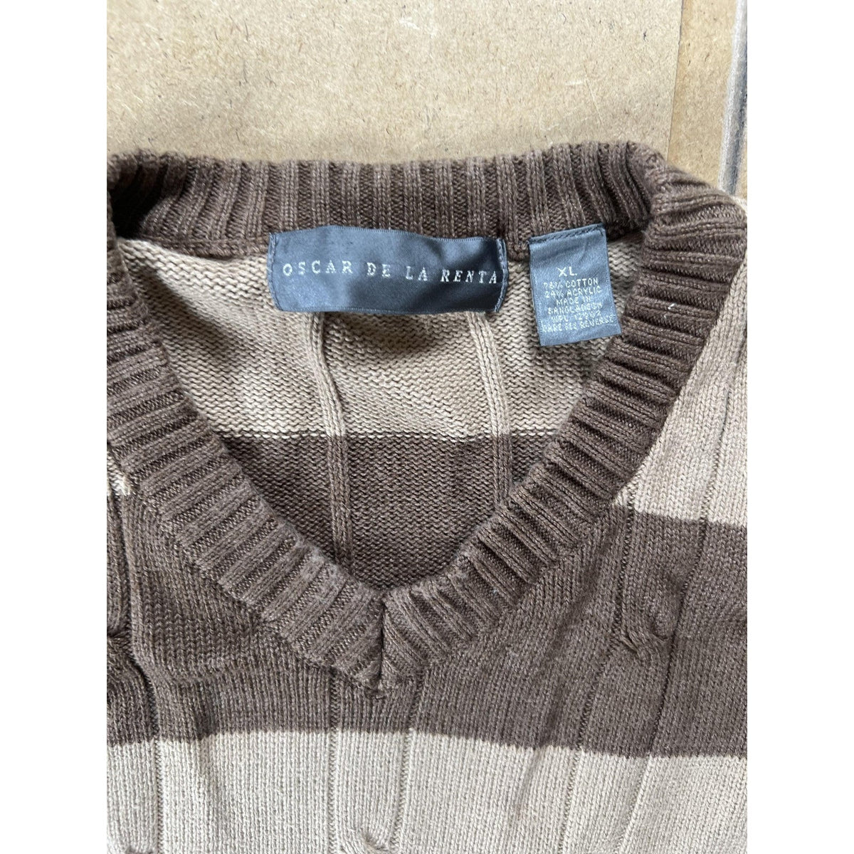 Oscar De La Renta Sweater Mens XL Brown Striped V-Neck Pullover Cotton Knit