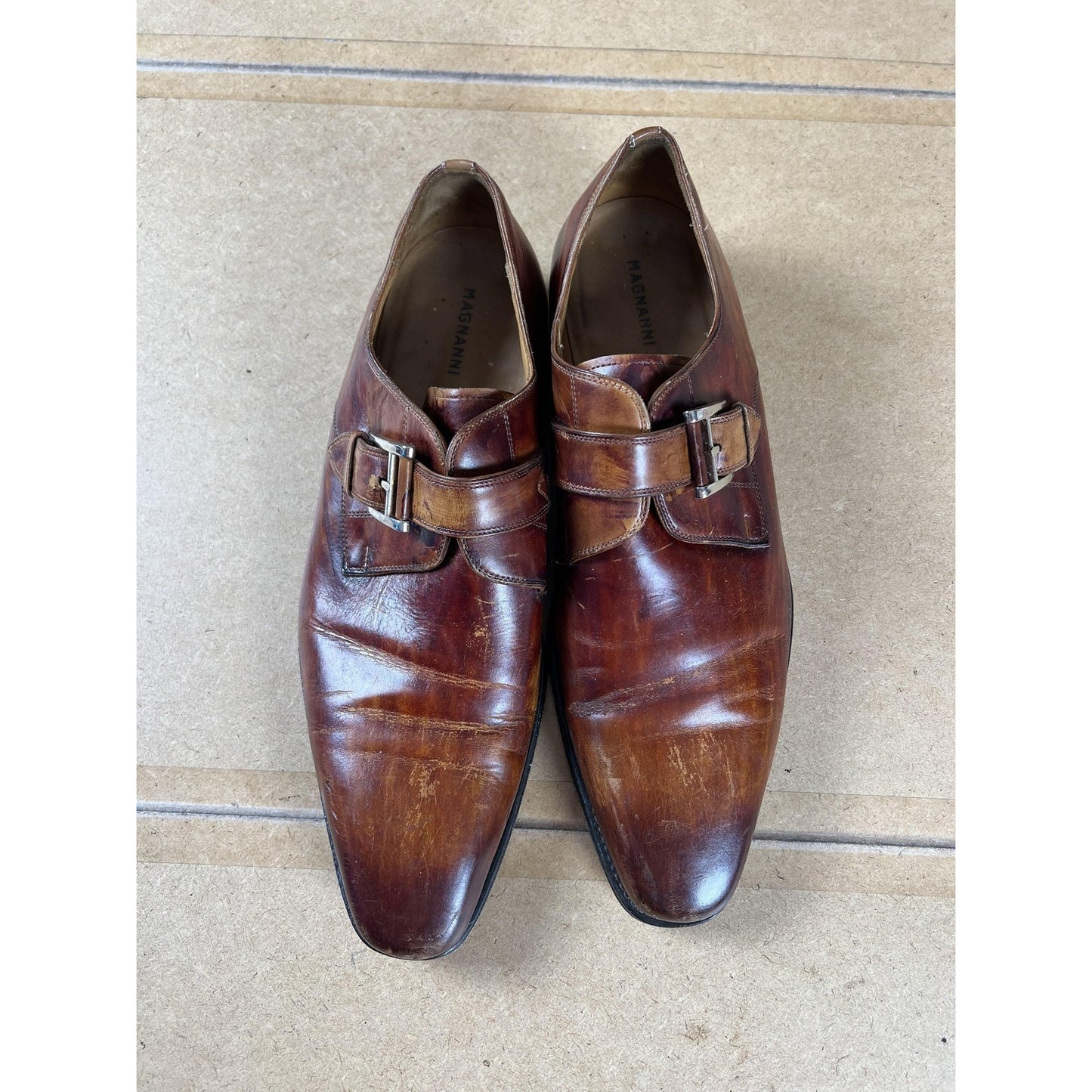 Magnanni Shoes Mens Size 11.5 Brown Monk Strap Leather Buckle Dress Square Toe