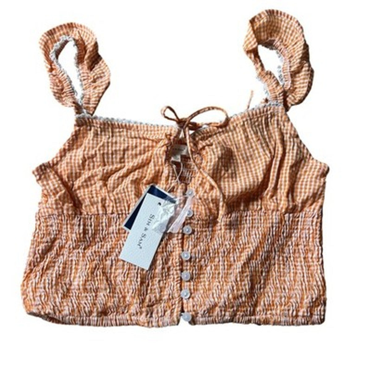 Sim & Sam Tank Womens L Orange Gingham Cropped Square Neck Button Stretch Straps