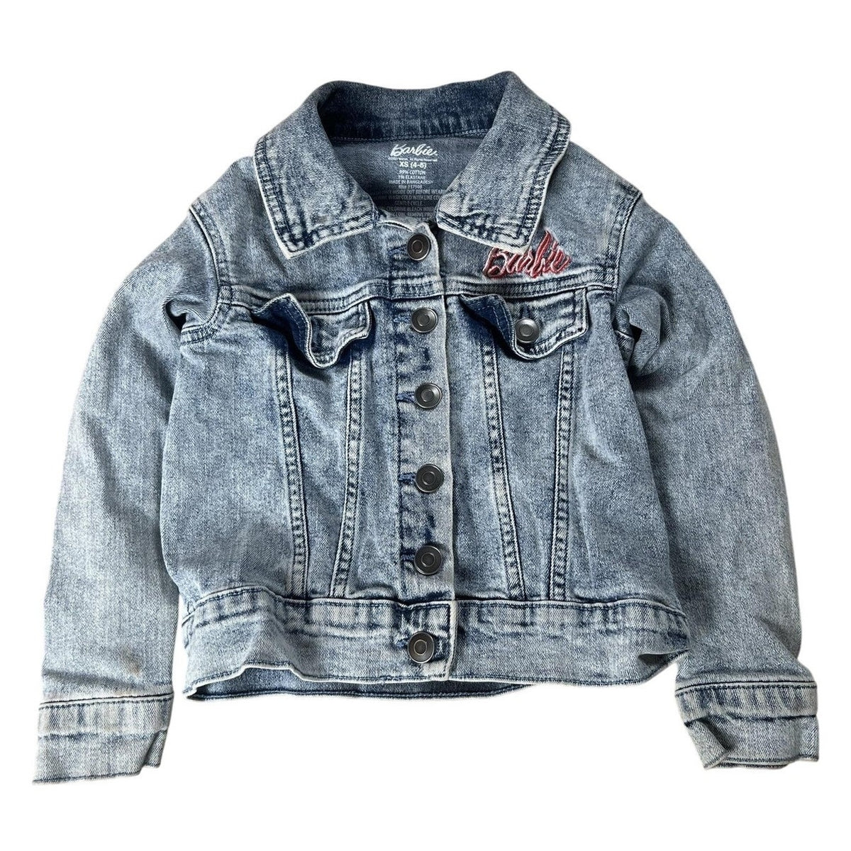 Barbie Jacket Girls 4 Blue Denim Snap Pockets Casual Fall Embroidered Logo