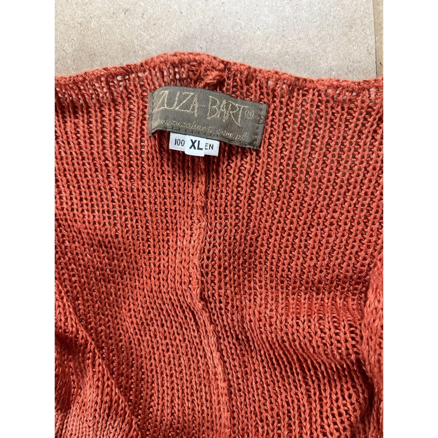 LUZA BART Cardigan Womens XL Orange Linen Open Knit Crochet Lightweight Relaxed