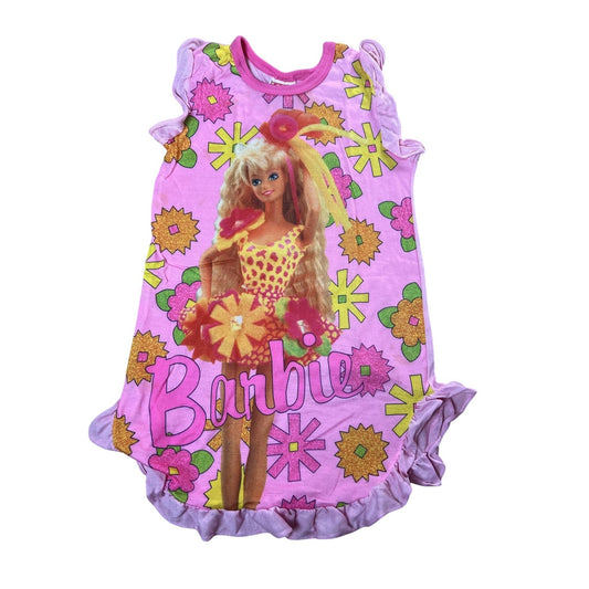 Vintage Barbie Sleepshirt Girls 7-8 Pink Graphic Ruffle Hem Knit USA 90s