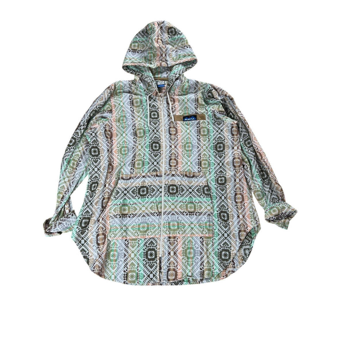 KAVU Sweater Womens M Multicolor Hooded Full Zip Tribal Knit Lightweight