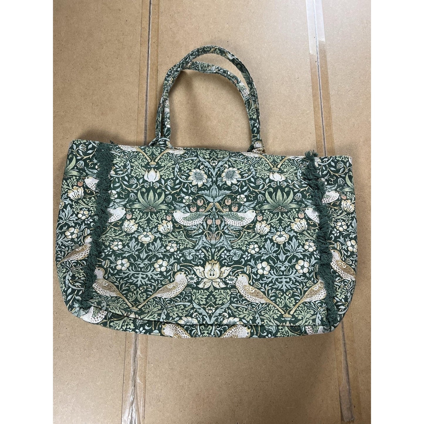 MORRIS & Co Tote Bag Womens Large Green Canvas Lined Strawberry Thief Pattern
