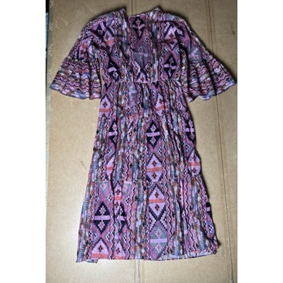 Kobi Halperin Dress Womens S Pink Wrap Midi Bell Sleeve Ruffle Geometric Belted