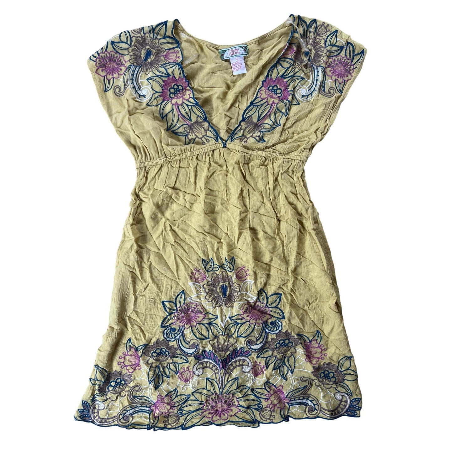Flying Tomato Tunic Womens S Yellow Embroidered Kimono Sleeve V-Neck Rayon