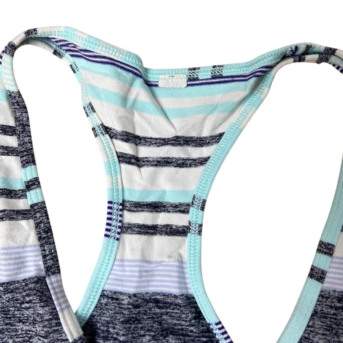 Lululemon Cool Racerback Tank Women’s Size 10 Blue Gray Striped Activewear logo