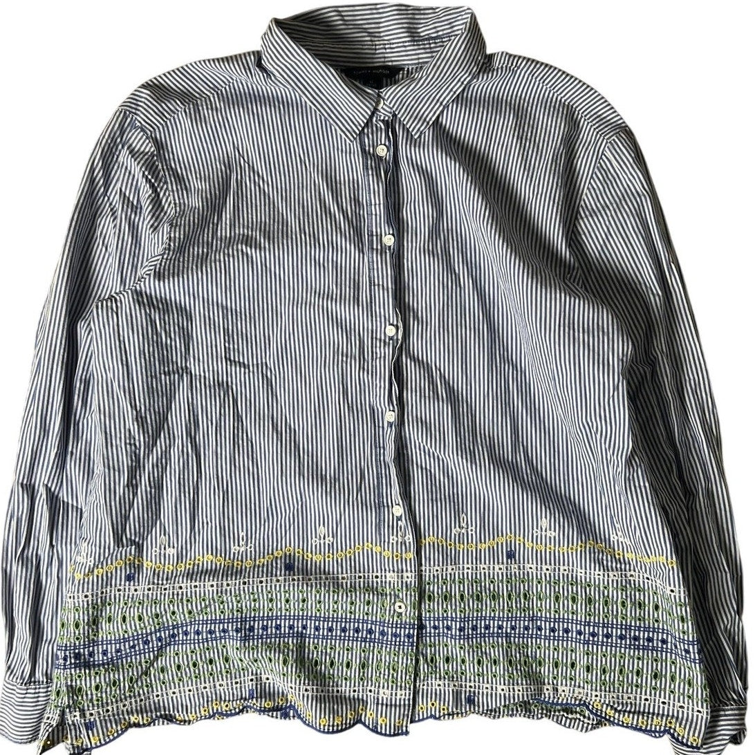 Tommy Hilfiger Tunic Womens 1X Blue Striped Embroidered Button-Up 100% Cotton