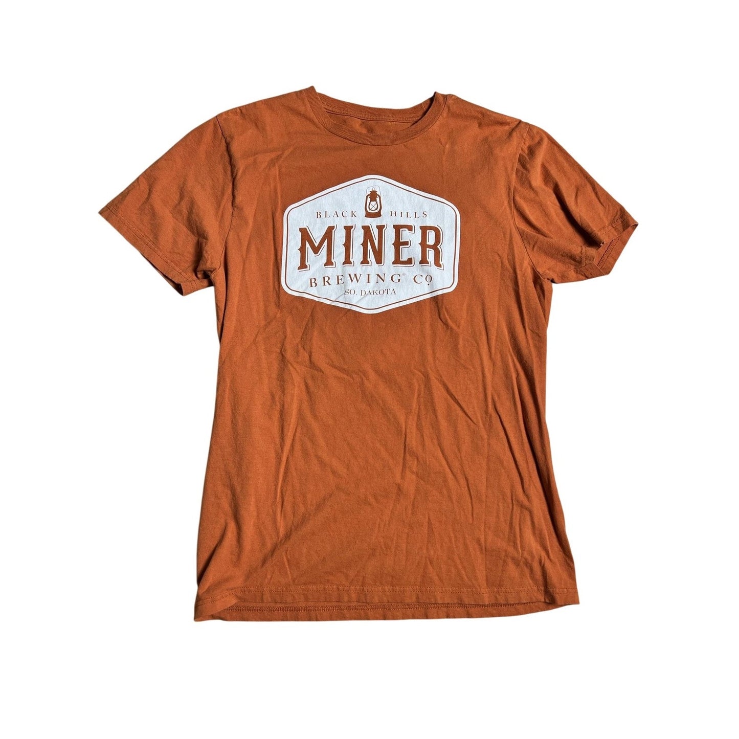 Miner Brewing Co Shirt Mens M Orange Cotton Crew Neck Graphic Print Front
