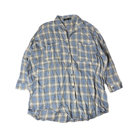 Boohoo Women's Blue Plaid Long Sleeve Button Down Collared Shirt Size 6