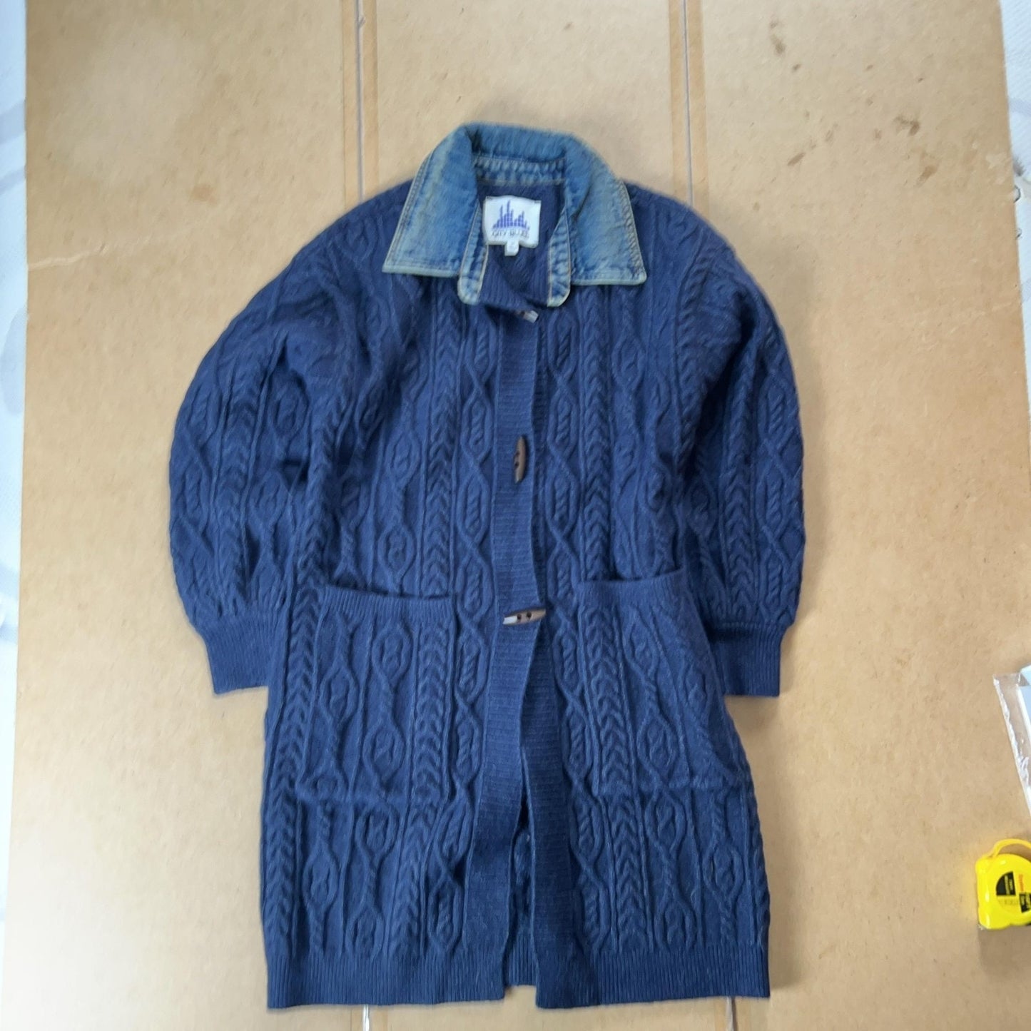 City Blues Cardigan Womens M Blue Cable-Knit Collared Open Pockets Heavyweight