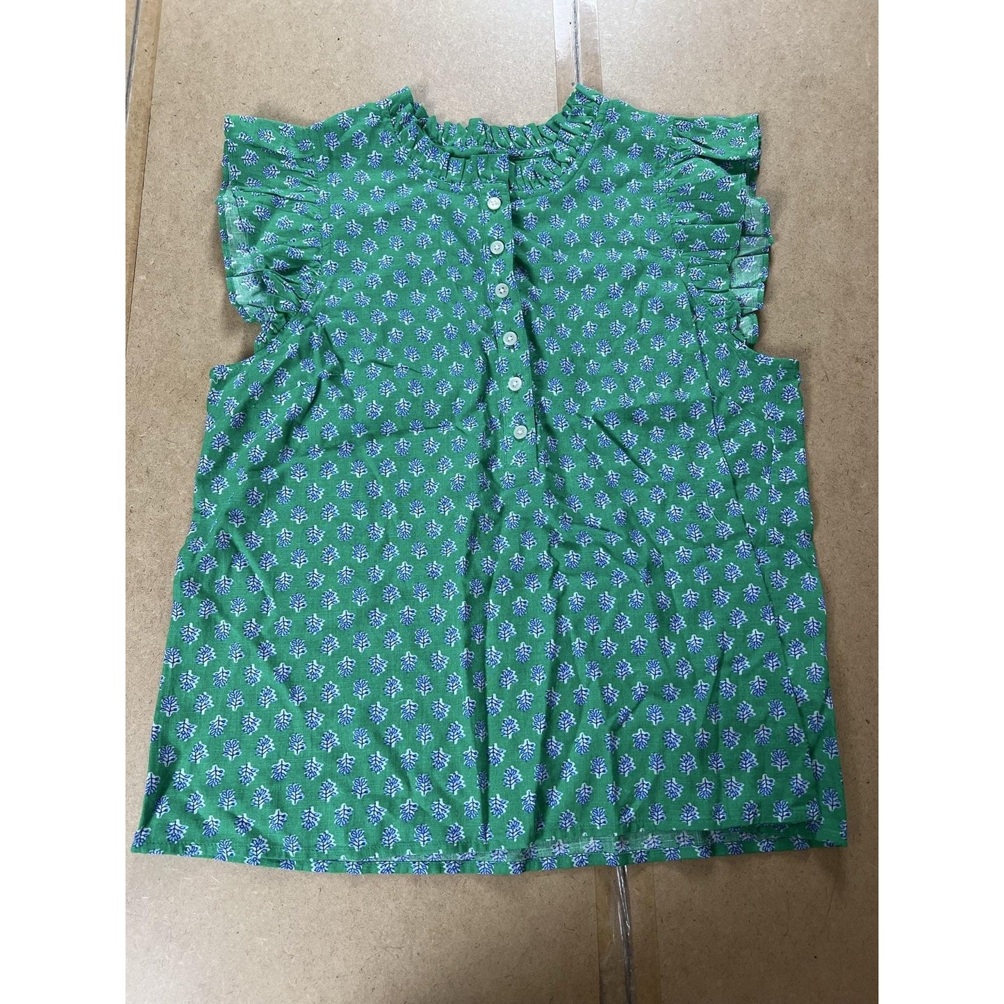 J.CREW Blouse Womens M Green Floral Ruffle Cap Sleeve Button Cotton Casual